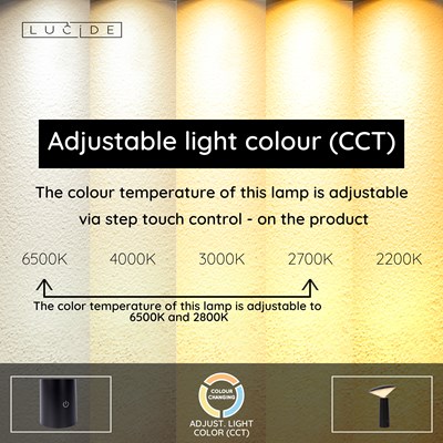 Lucide JIVE - Rechargeable Table lamp Indoor/Outdoor - Battery pack - Ø 13,7 cm - LED Dim. - CCT - 1x3W 2800K/6500K - IP44 - Black